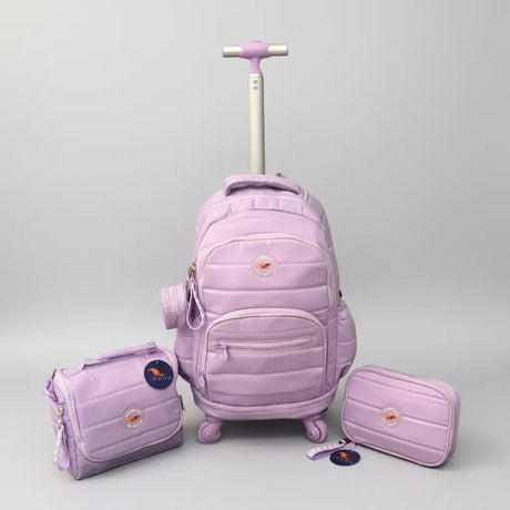 Combo Mochila Carrito 18p + Lunchera Y Cartuchera Kinderland Lila-sl2504-sl2501-sl2503
