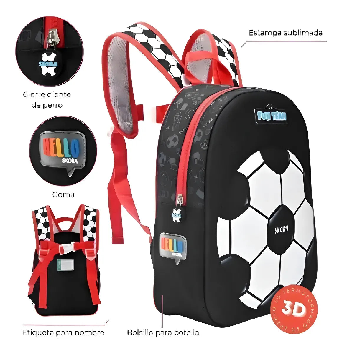 Mochila C/Luz Petit Termoformada Futbol Red 22x30x10cm 12P 41319