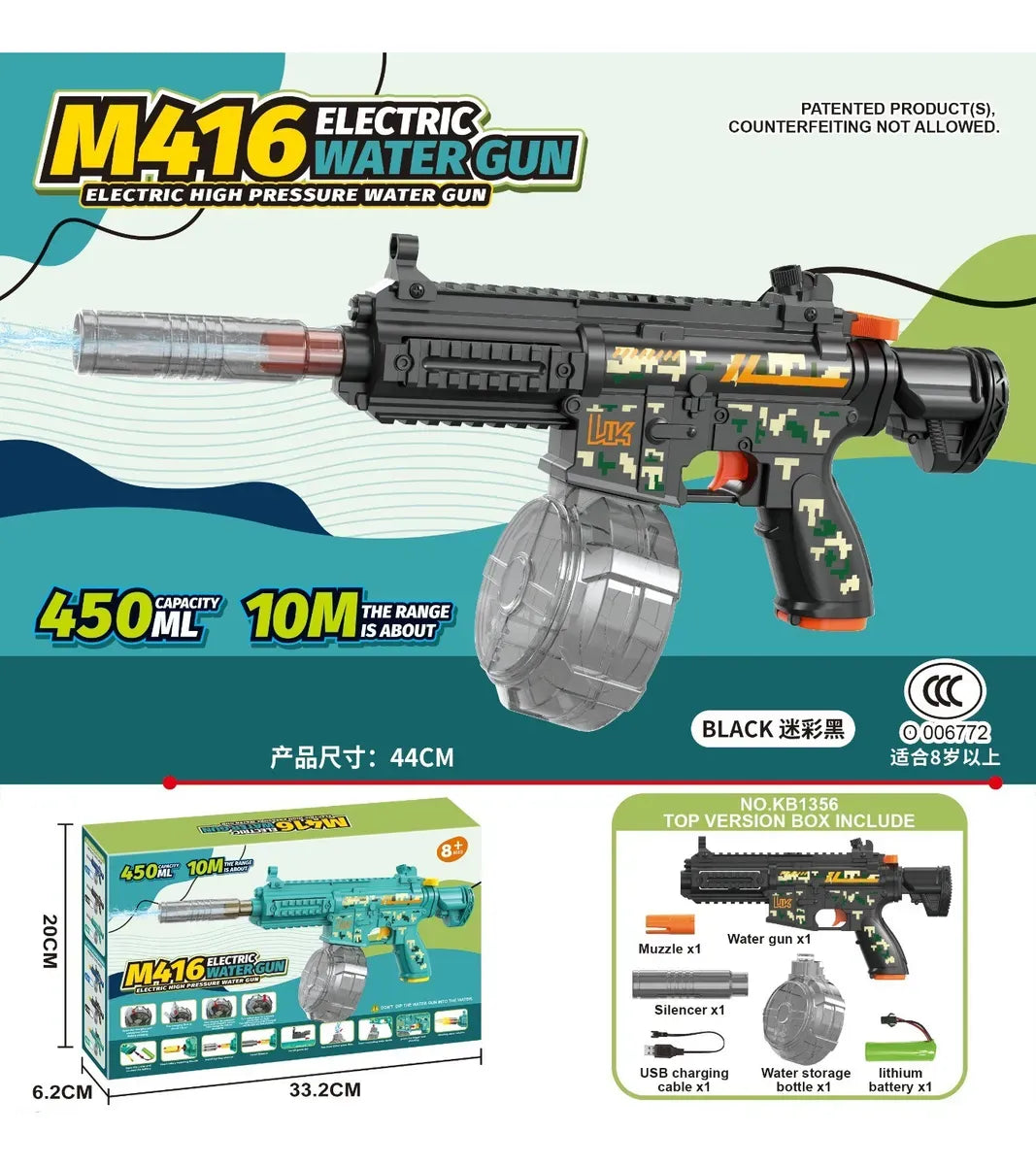 Pistola De Agua MINI M416 Eléctrica Recargable NEGRA KB1356