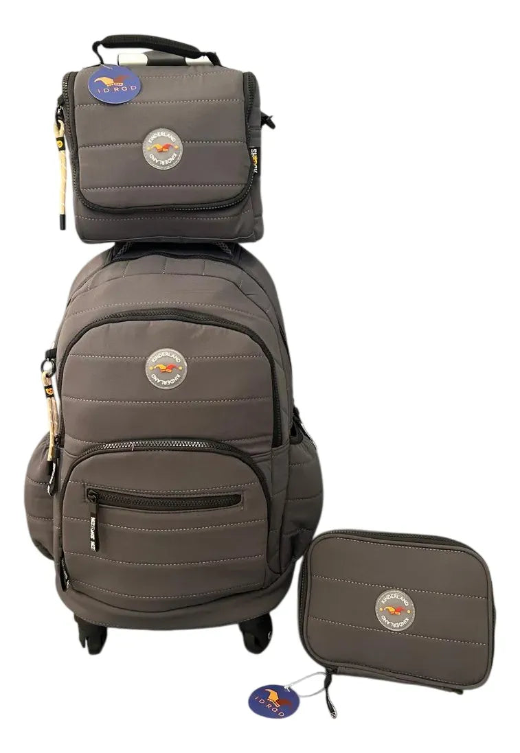 Combo Mochila 18p Carrito + Cartuchera +lunchera Kinderland Gris-sl2504-sl2501-sl2503