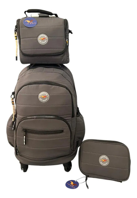 Combo Mochila 18p Carrito + Cartuchera +lunchera Kinderland Gris-sl2504-sl2501-sl2503