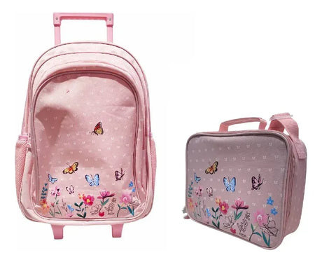 Combo Escolar Mochila Flores 18p + Lunchera Zykl006 Shine Rosa