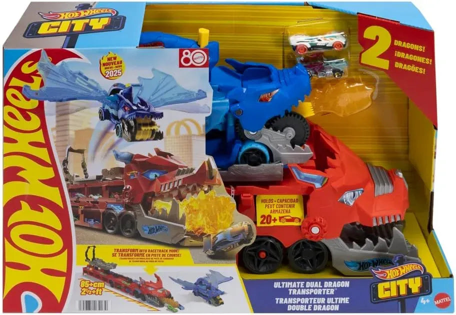 Hot Wheels Dragón Transportador con Ataque Doble + 2 Coches 1:64 JBM72