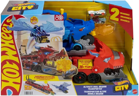 Hot Wheels Dragón Transportador con Ataque Doble + 2 Coches 1:64 JBM72