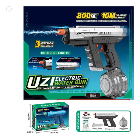 Pistola De Agua Uzi Con Luz Eléctrica Recargable NEGRA KB1323