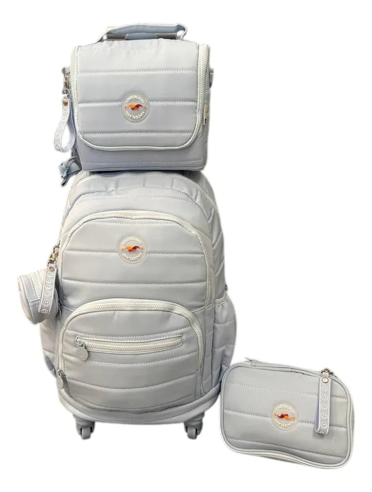 Combo Mochila 18p Carro + Lunchera + Cartuchera Kinderland Celeste