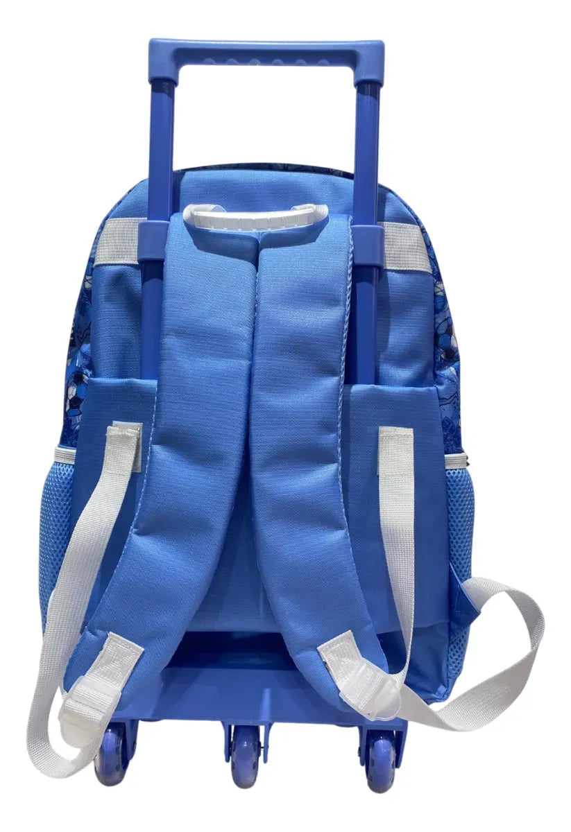 Mochila Carrito Escolar Futbol 18 Pulgadas Zykl003 Shine Celeste Y Blanco