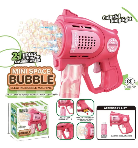 Mini Pistola Burbujero con Luces 21 Agujeros Automatica a Pila ROSA KB1322