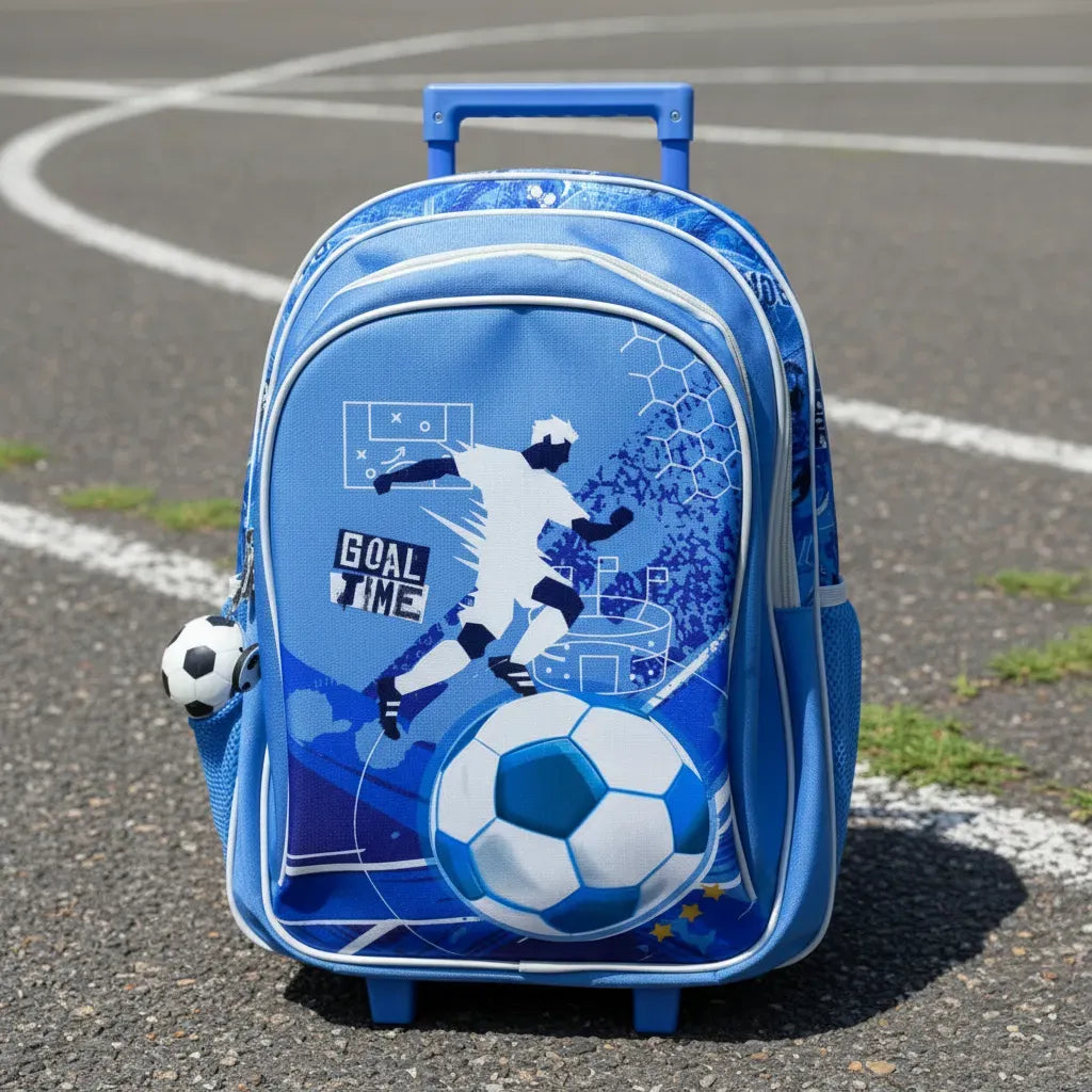 Mochila Carrito Escolar Futbol 18 Pulgadas Zykl003 Shine Celeste Y Blanco