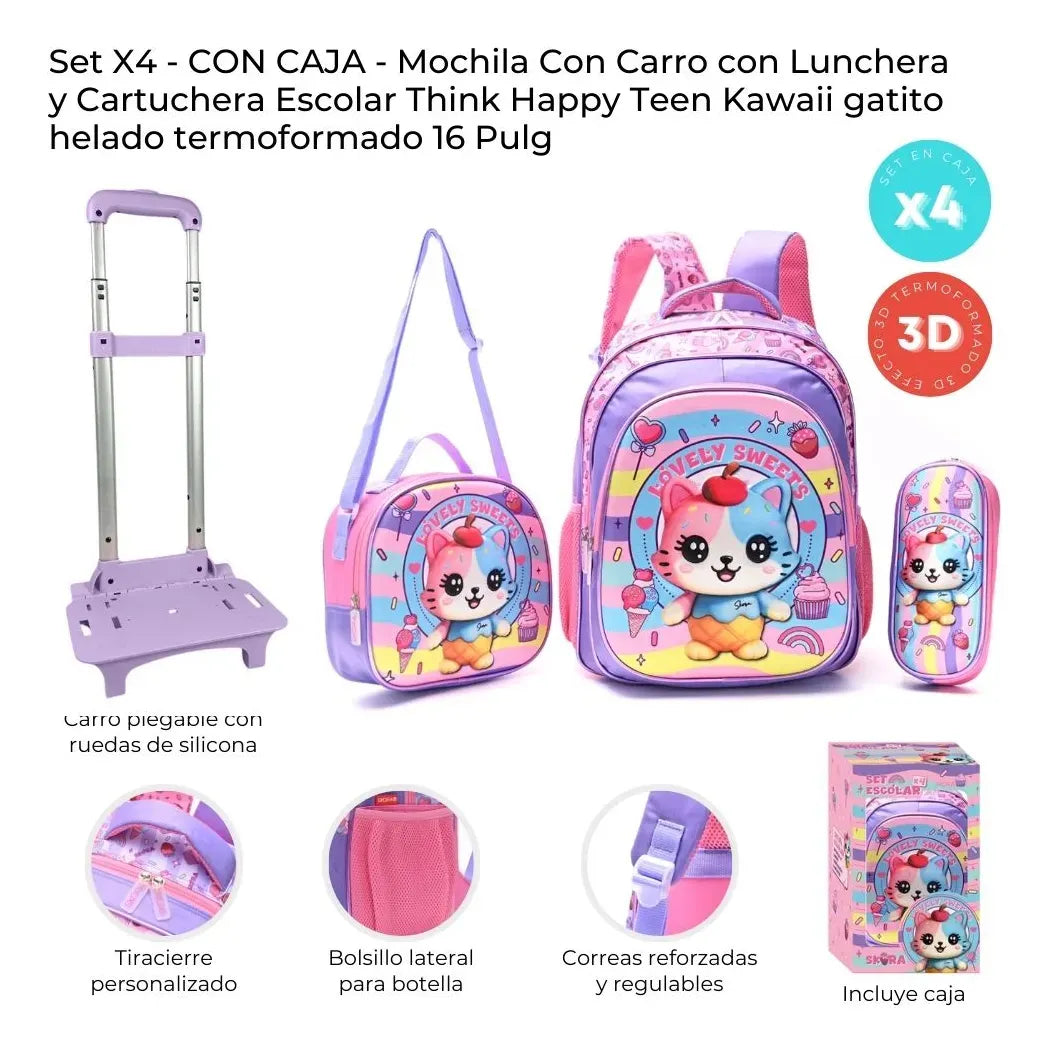 Skora Set X4 Mochila 16p, Carro, Lunchera Y Cartuchera 42981 Rosa