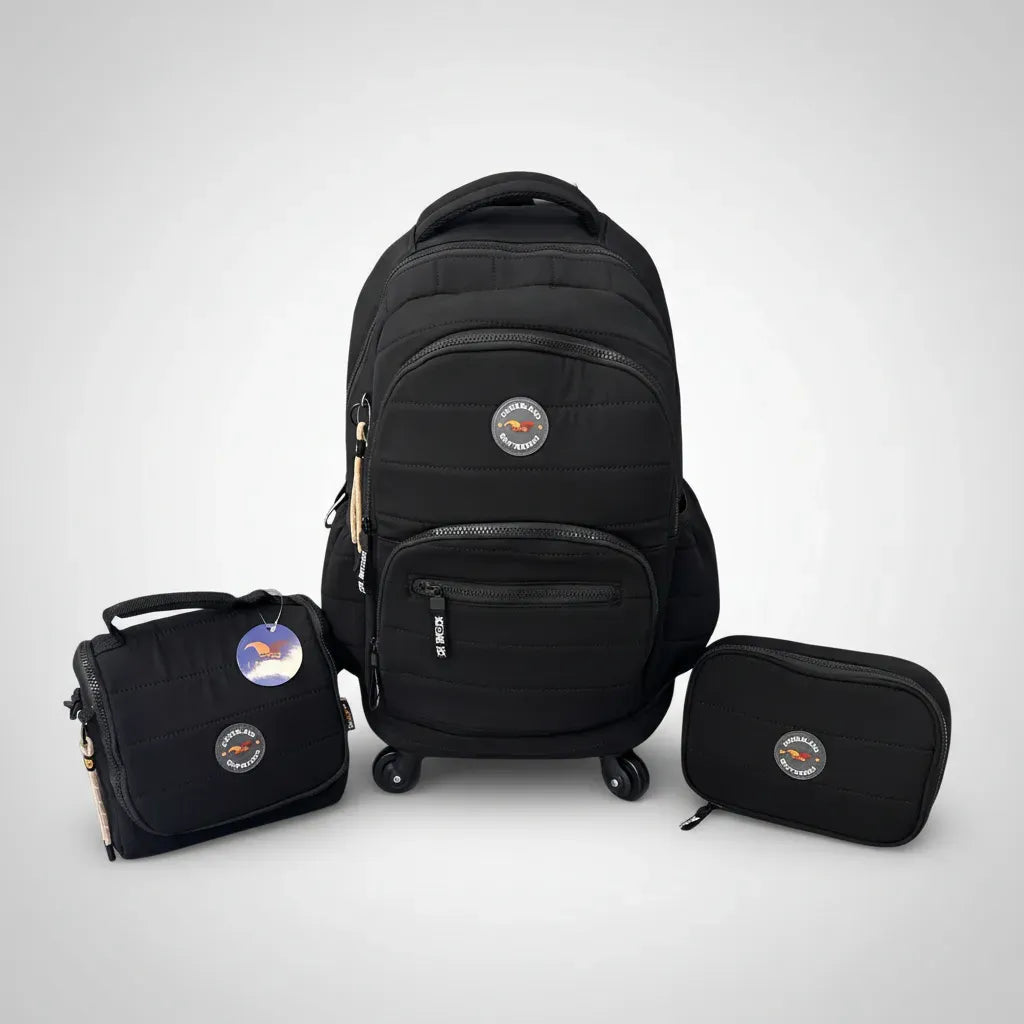 Combo Mochila 18p Carrito + Lunchera + Cartuchera Kinderland Negro-sl2504-sl2501-sl2503