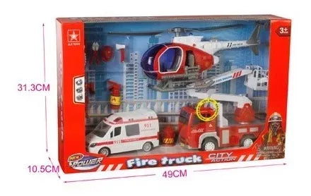 Set De Bombero Camion Luz Y Son + Amb/helicoptero 16932