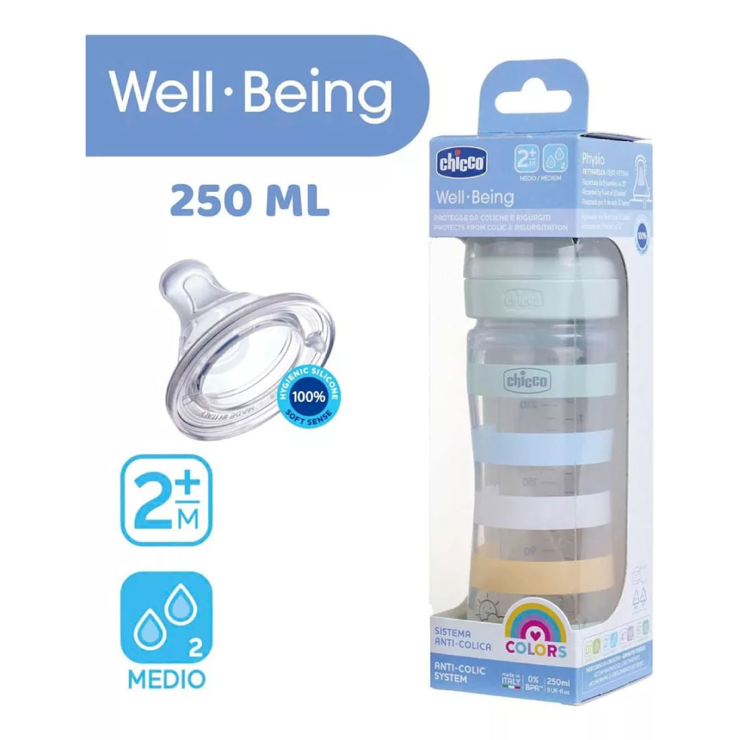 Chicco Mamadera Wellbeing Colors con sistema anticolicos 2M+ 00028623210370